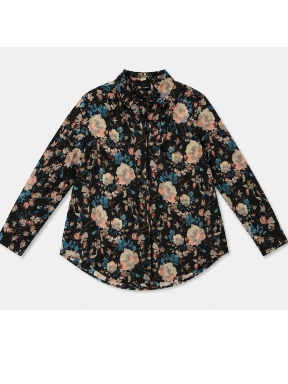 torrid Black Floral Button-Down Shirt with Blue and Peach Flowers